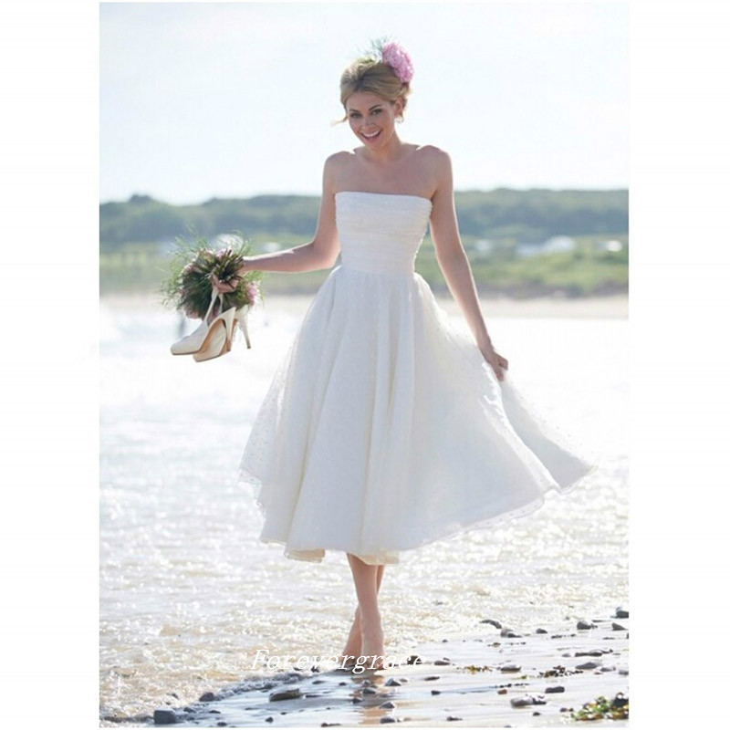 Boho Short Strapless Summer Beach Wedding Dress High Quality Tea Length Backless Women Bridal Gown Plus Size