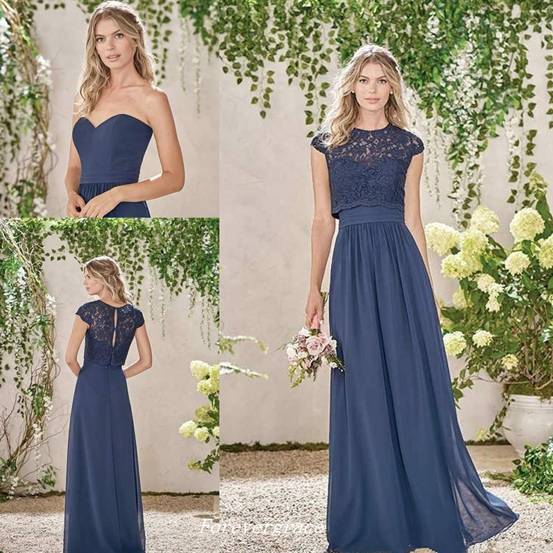 Elegant Cheap Dark Navy Long Bridesmaid Dress Two Pieces Lace Maid of Honor Dress Wedding Guest Gown Custom Made Plus Size