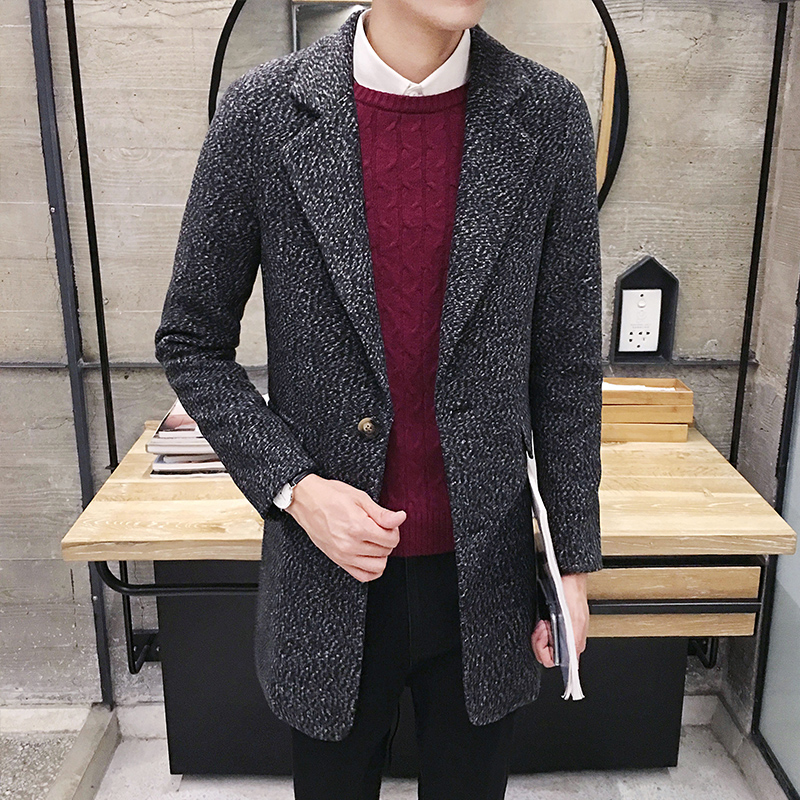 Wholesale- Autumn winter 2016 new fashion Korean Slim woolen coat men's Solid color British style all-match trend coat long windbreaker