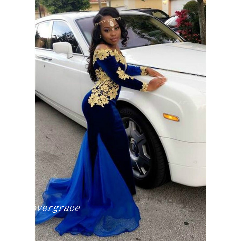 Sexy Long Sleeve Mermaid Prom Dress High Quality Royal blue Gold Appliques Formal Evening Party Gown Custom Made Plus Size
