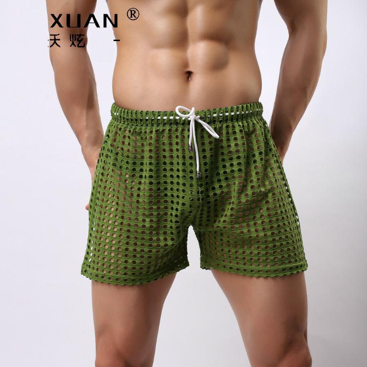 Wholesale- Novelty Men Shorts Big Mesh Loose Casual Sexy Gay Male Sex Clothing Man Sleepwear See Through Low Rise Boxer Shorts