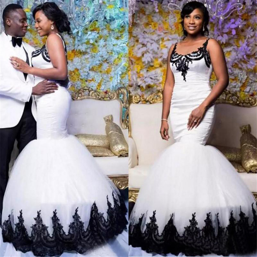 Modest Scoop Lace Appliqued Floor Length Bridal Gowns African Black And White Satin Tulle Mermaid Wedding Dresses
Modest Scoop Lace Appliqued Floor Length Bridal Gowns African Black And White Satin Tulle Mermaid Wedding Dresses