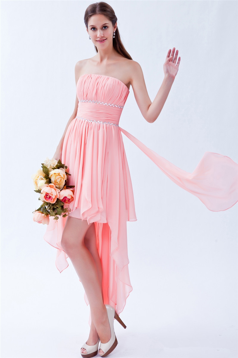 2017 Sexy Strapless Crystal A-Line Homecoming Dress With Pleat Chiffon Hi-Lo Graduation Prom Party Gown BH13