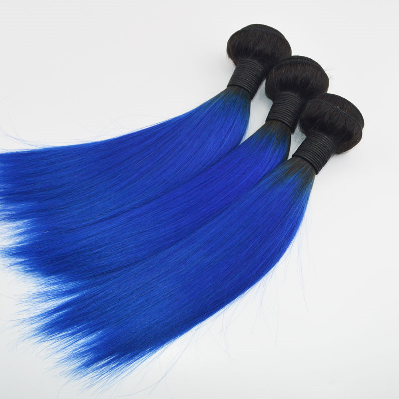 Wholesale Price Ombre Blue Hair Weaves Brazilian Straight Human Hair Extensions Remy Hair Bundles 100G one Piece