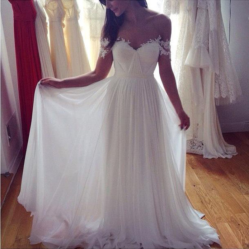2018 Flowy Bohemian Lace Off Shoulder Bridal Dresses Boho Chiffon Beach Wedding Gowns Vestidos De Noiva Custom Made 0510