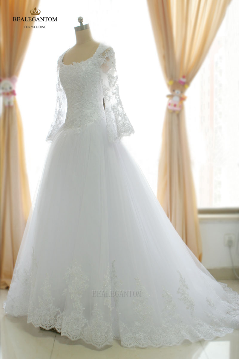 new elegant real photo long sleeves lace wedding dresses aline beaded appliques wedding party bridal gowns bm29