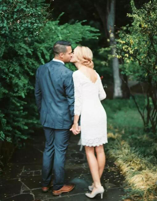 Spring 2020 Short Wedding Dresses Jewel Neck 3 / 4 Length Sleeves Fitted Full Lace Petite Bride Beach Country Wedding Reception Dresses