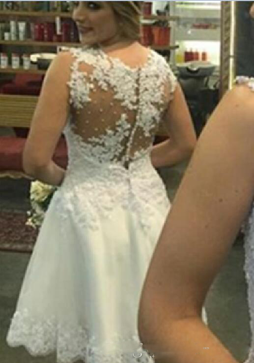 Vintage 1950's Style Cap Sleeves Ivory Lace Tea Length Saudi Short Wedding Dress See-through Bride Gowns