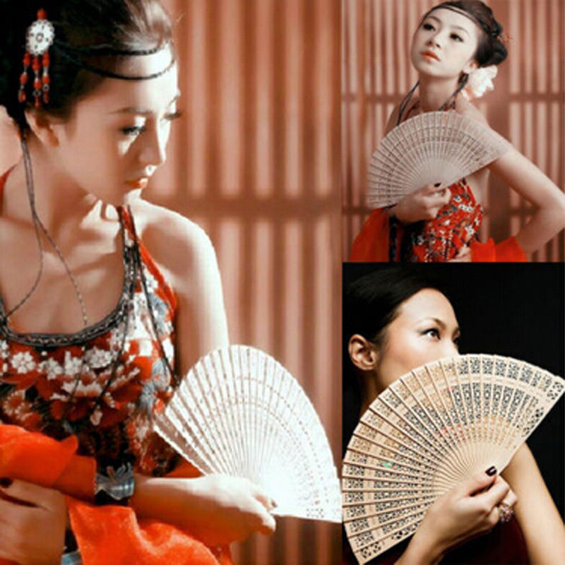 Party Favor Lady Chinese Japanese Style Hollow Wooden Folding Bamboo Carved Hand Fan 1Pc