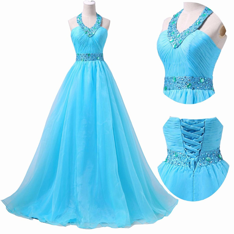 2017 Sexy Halter Crystal A-Line Formal Evening Dresses With Beading Sequined Organza Floor-Length Plus Size Prom Party Celebrity Gowns BE23