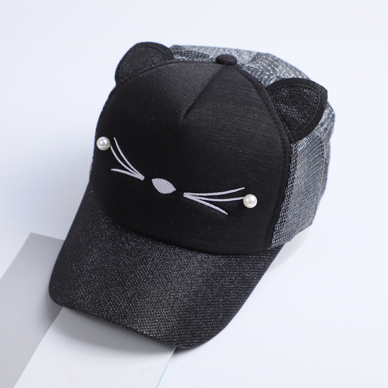 New Women Cat Baseball Cap With Cute Cat Ears Curved Brim Snapback Hat Cat Face Pearl Cotton Caps Outdoor Mesh Hats