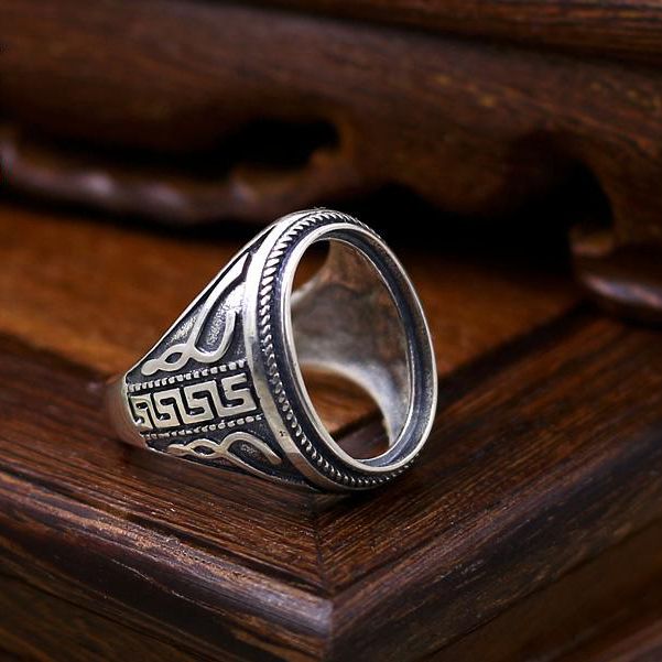 925 Sterling Silver Engagement Wedding Men Ring 14x19mm Oval Cabochon Semi Mount Antique Retro Jewelry Setting