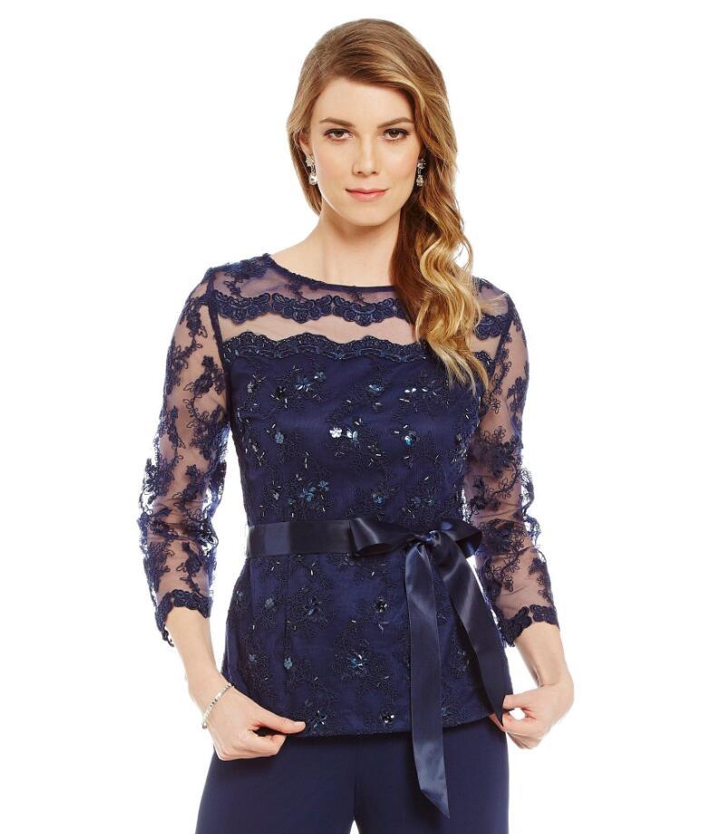 Fashionable Mother Of Bride Pant Suit Long Sleeves Lace Plus Size Mother Bride Beads Ribbon Evening Dresses Fashion