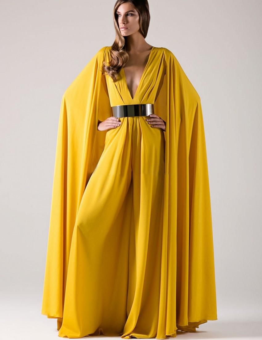 New Fashion 2017 Daffodil Chiffon Deep V Neck Pant Suit With Wraps Cheap Floor Length With Sash Formal Evening Dress Custom Made EN4218