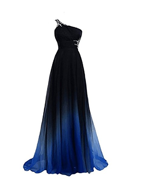 2021 Gradient Chiffon One Shoulder Prom Dresses Beaded Floor-Length Evening Formal Long Special Occasion Party Gown QC438