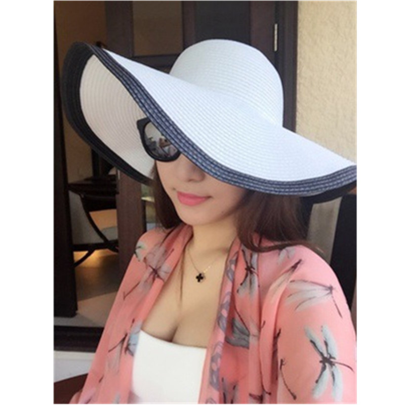 Womens Fashion Straw Sunhat Black & White Folding Floppy Derby Hat Wide Large Brim Travel Beach Cap