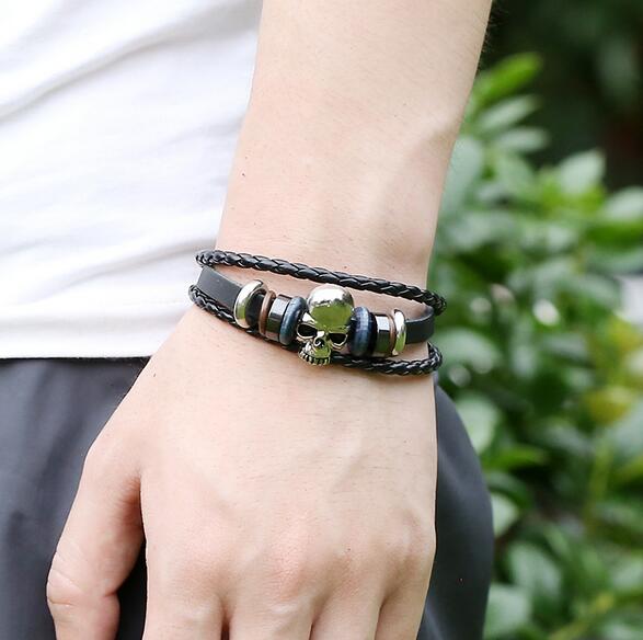 Meaeguet Men's Leather Skull Bracelets Rock Punk Stainless steel Skeleton Charms Cuff Bracelet Bangles Casual Jewelry G44