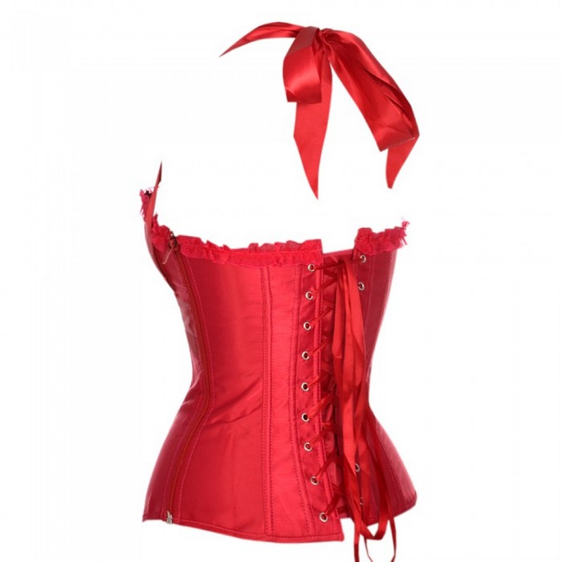 Side Zipper Satin Halterneck Push Up Overbust Bustier Ribbon Front Padded Corsets Women's Bridal Dancing Corset Top 6 Colors Light Weight