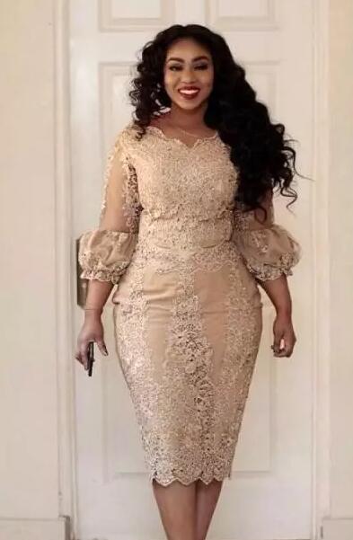 Latest European Mother Of The Bride Dresses Champagne 2017 Lace 3/4 Long Sleeve Tea Length Mother Of Wedding Elegant Plus Size EN8106
