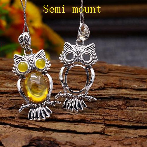 5x5mm Round 13x16mm Oval Cabochon Semi Mount Pendant Sterling Silver 925 Owl Art Nouveau Antique Vintage