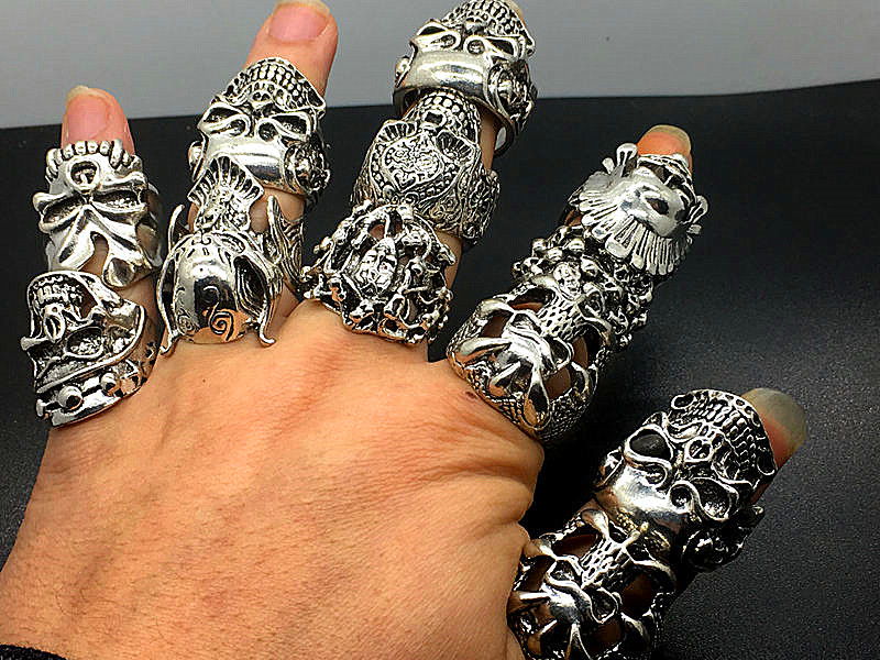 Men039s Fashion 50pcs Lots Top Mix Style Big Size Skull Carved Biker Silver Plated Rings jewelry Skeleton Ring