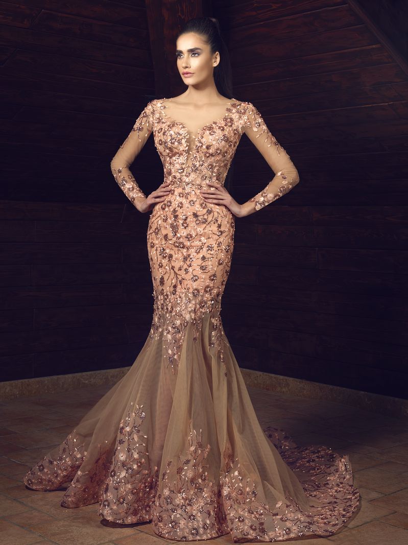 Chic Beaded Mermaid Formal Dresses Evening Wear With Detachable Train Sheer Plunging Neck Evening Gowns Sleeves Appliques Tulle Prom Dress