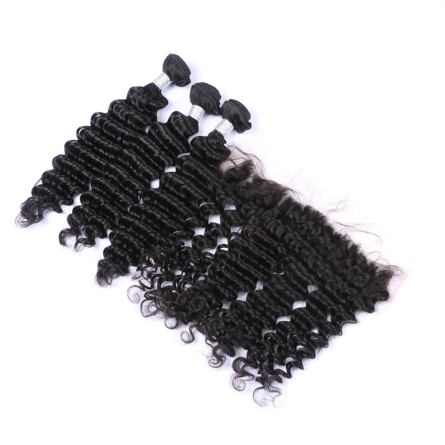 Brazilian Human VirginHair Lace Frontal With 3 Bundles 13X4 Ear To Ear Lace Frontal Deep Wave Natural Black Human Hair Weaves Closure