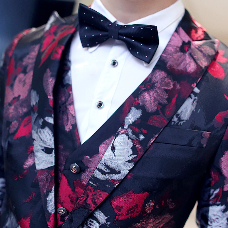 Wholesale- Skinny Suit Pants For Men 2016 New 3pcs Designer Party Prom Groom Wedding Suit Blue Red Gold Flower Trajes De Hombres De Vestir