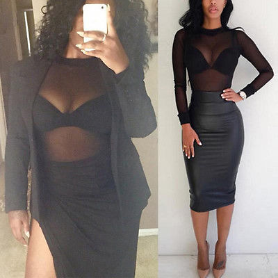 Wholesale- Fashion Women Sexy Long Sleeve Mesh Shirt Casual Crop Top Loose Mesh Sheer Tops T-Shirt