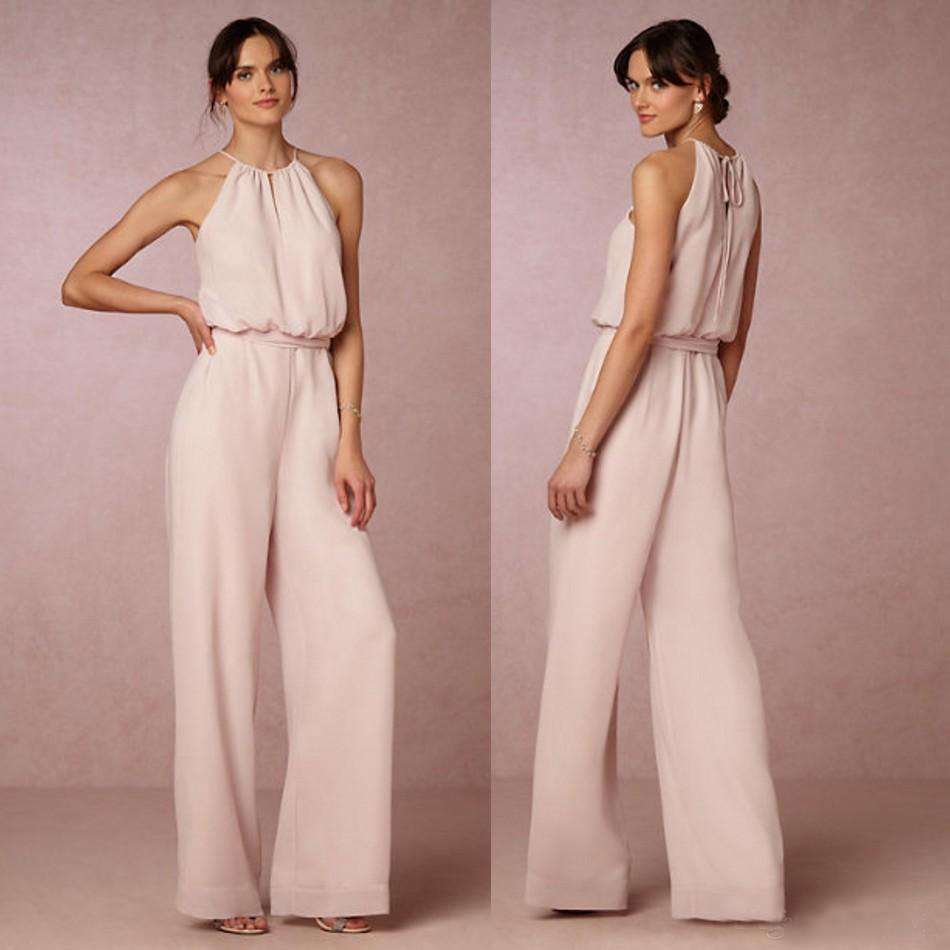 2019 Modern Blush Pink Chiffon Pant Suit Bridesmaid Dresses Long Cheap Halter Floor Length Maid Of Honor Dresses Custom Made China EN12224