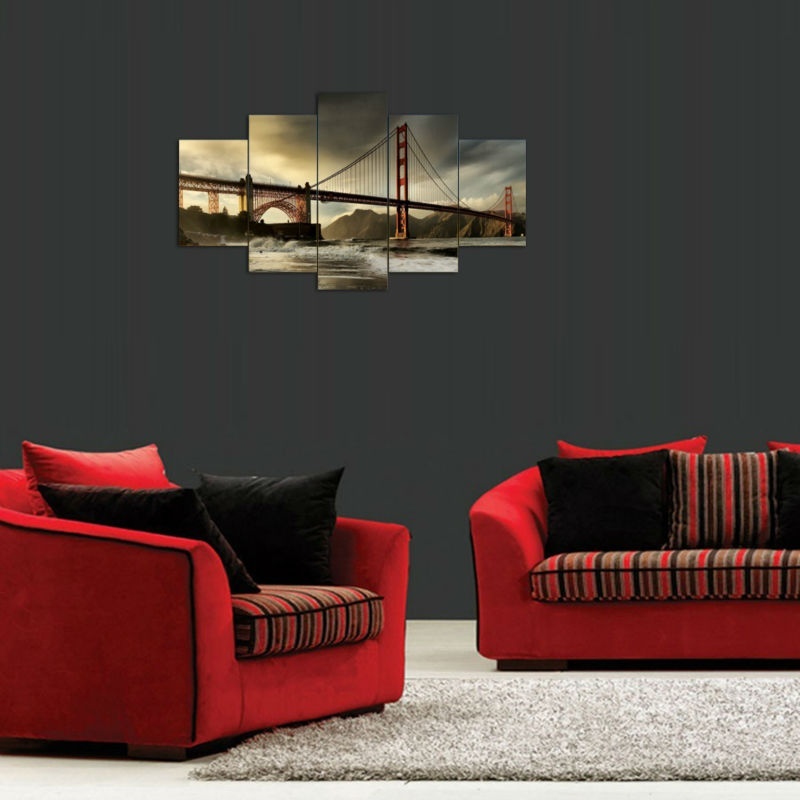 5Panel Modern Beautiful Golden Gate Bridge Oil Painting on Canvas for Living Room Wall Art Gift Decoration Home No Frame