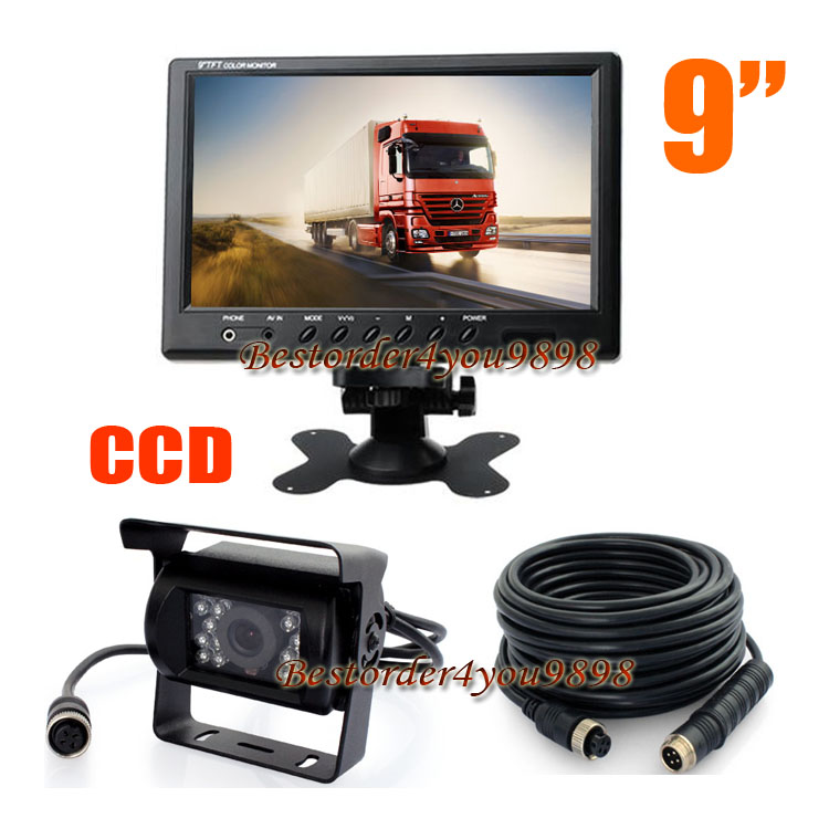 9" Car LCD Monitor for Bus Truck Motorhome + 4Pin 18 LED IR Reversing Camera waterproof & 15M Cable Free Shipping