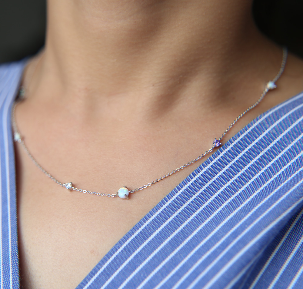 factory fine 925 sterling silver cross thin silver chain cz station opal stone colorful women girl silver minimal necklace