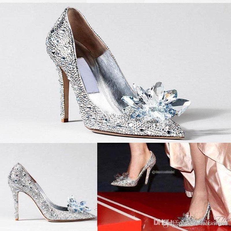 New Luxurious Cinderella Silver High Heels Crystal Summer Wedding Bridal Shoes Pointed Toe Thin Heel Rhinestone Butterfly BlingBling Shoes