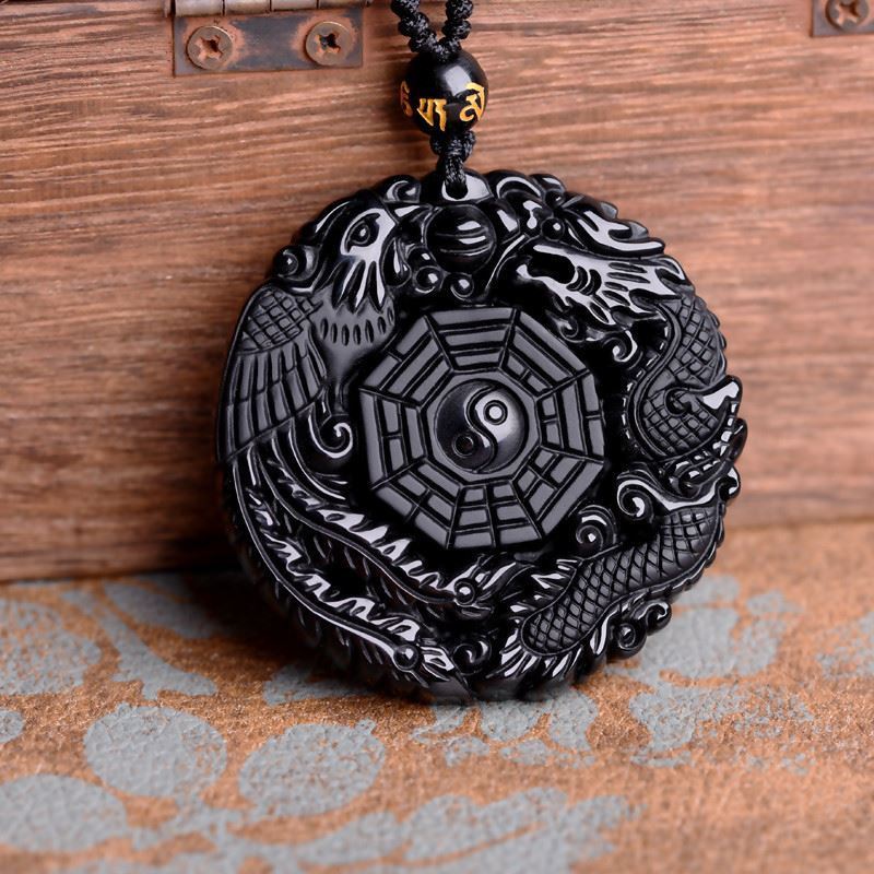 Volcanic Obsidian Phoenix Dragon Yin Yang Pendant Necklace PPUK Stock2772427