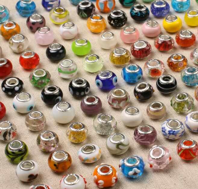 Whole 50pcslot Big Hole Beads for European Bracelet Lamwork coloured glaze DIY Charms Fit Beaded Bracelets Mix