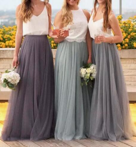 Bohemian Spaghetti Two Tone Bridesmaid Dresses Long Beach Boho Tulle Spaghetti Jewel Neck Floor Length Maid Of Honor Gown EN7254