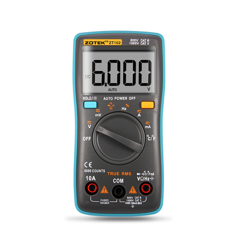 ZOTEK ZT102 Digital Multimeter 6000 counts Back light AC/DC Ammeter Voltmeter Ohm Frequency Diode Temperature
ZOTEK ZT102 Digital Multimeter 6000 counts Back light AC/DC Ammeter Voltmeter Ohm Frequency Diode Temperature