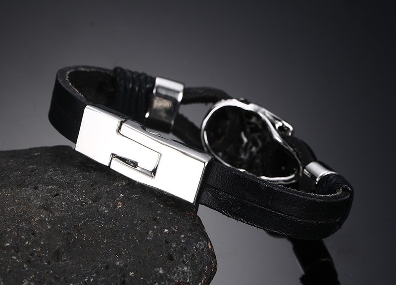 Punk Rock Mens Black Durable Leather Bracelets Gothic Skull Cuff Bangle Stainless Steel Skeleton Pulseiras Masculinas BL-224