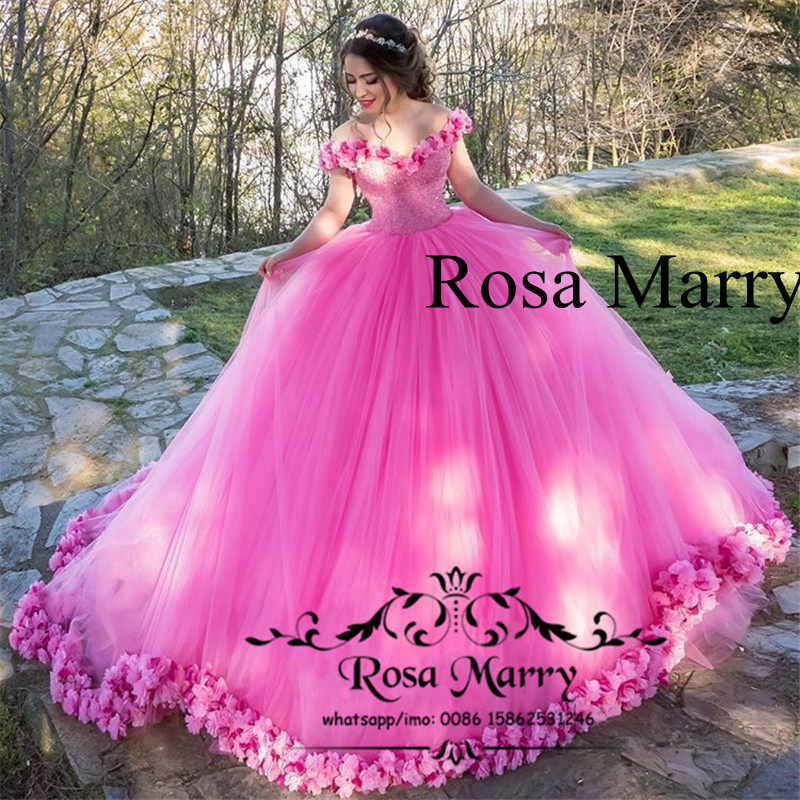 Princess Pink 3D Floral Ball Gown Prom Dresses 2020 Off Shoulder Heavy Beaded Plus Size Puffy Tulle Arabic Dubai Quinceanera Party Gowns