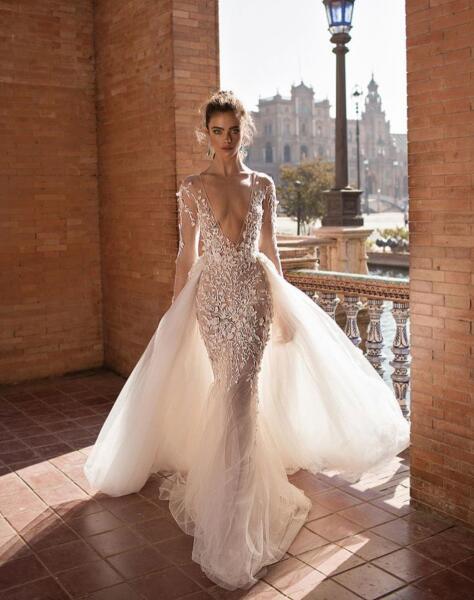 Berta Mermaid Wedding Dresses Applique Plunging Neck Bridal Gowns With Detachable Train Long Sleeve Illusion Wedding Dress Custom Made