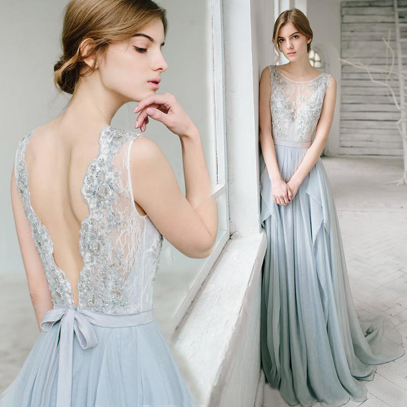 Charming 2016 Dusty Blue Chiffon Backless Bridesmaid Dresses Long Cheap Jewel Lace Beaded Sash Long Maid Of Honor Gowns Custom Made EN111511