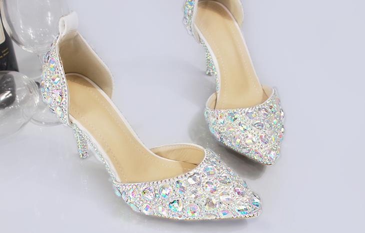 Fashion Crystals Silver Wedding Shoes 3 inch Mid Heel Rhinestone Bridal Shoes with Toe Strap Party Prom Shoes for Women Free Shipping