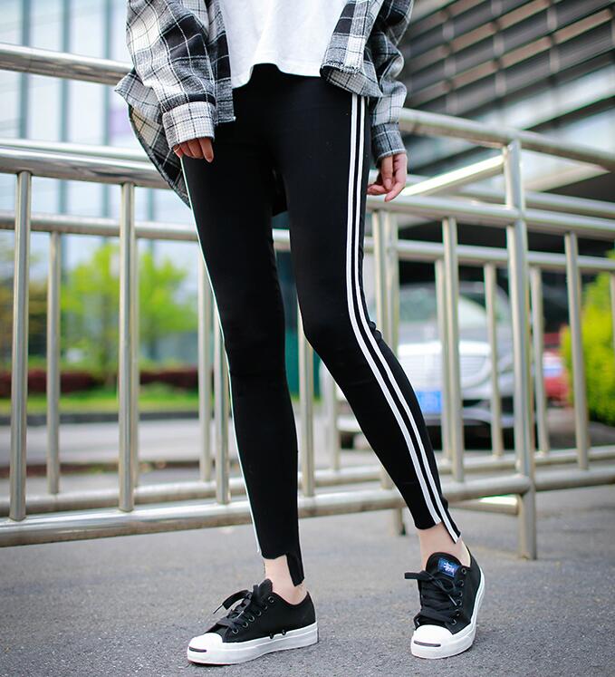 Newest arrival Stretch movement Women's Pants pencil nine feet Leggings Women side stripes were thin PW020 Womens Pant & Capris