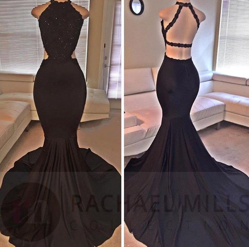 2023 Sexy Black Prom Dress Halter Satin Mermaid Long Lace Sequins Beaded Backless Side Slit Evening Formal Party Gowns African Robe De Soriee
