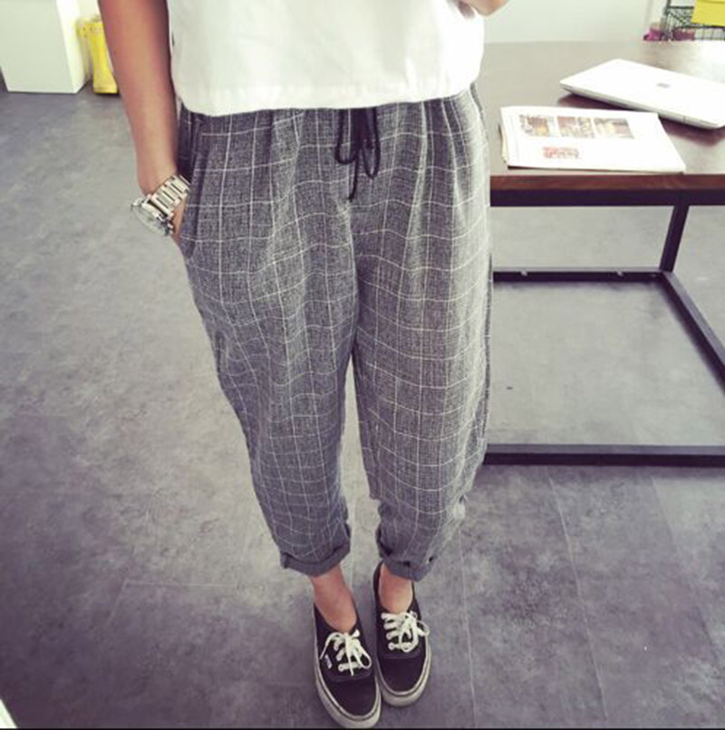 Wholesale- Striped Elastic waist Cotton Loose Women Wide Leg Pants Summer New Casual Brand Pants High quality Plus size Girl Harem Trousers