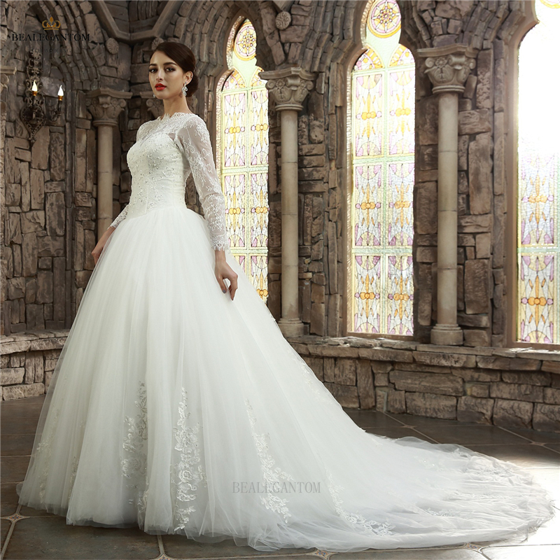 2017 Hot Sale Long Sleeves Lace Ball Gown Wedding Dresses Organza Appliques Cheap Vintage Plus Size Bridal Gowns BM25