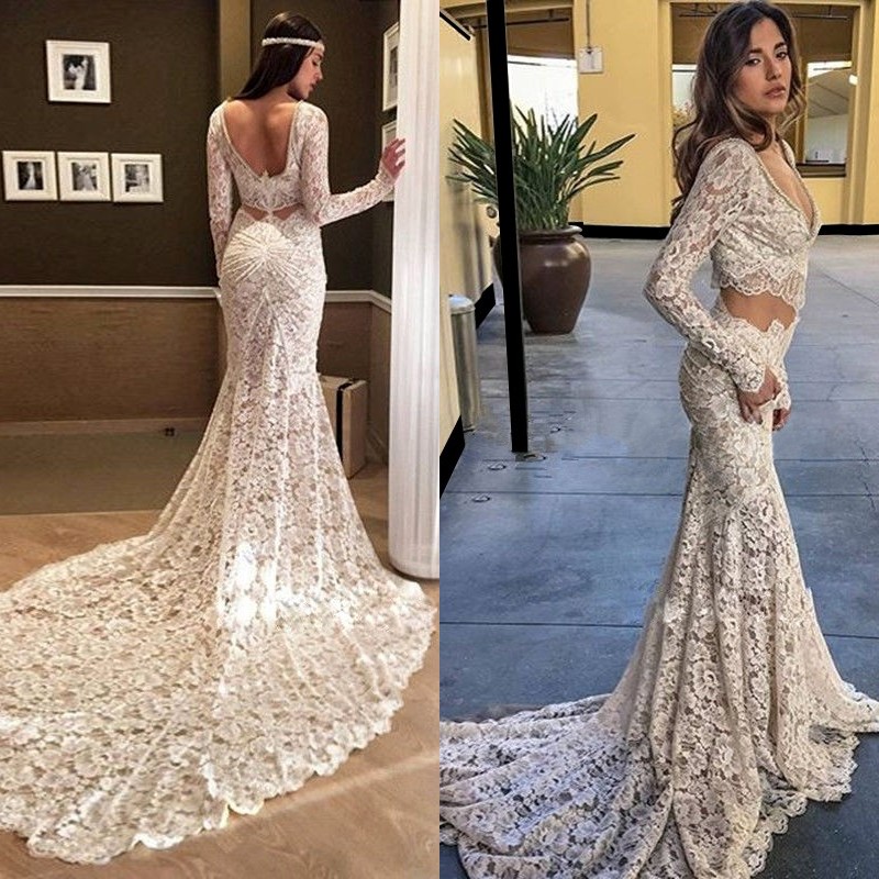 2017 Gorgeous Lace Long Sleeves Two Piece Mermaid Wedding Dresses Sexy Pearls V Neck Open Back Chapel Train Bridal Gowns Custom EN7145, Red
2017 Gorgeous Lace Long Sleeves Two Piece Mermaid Wedding Dresses Sexy Pearls V Neck Open Back Chapel Train Bridal Gowns Custom EN7145, Red