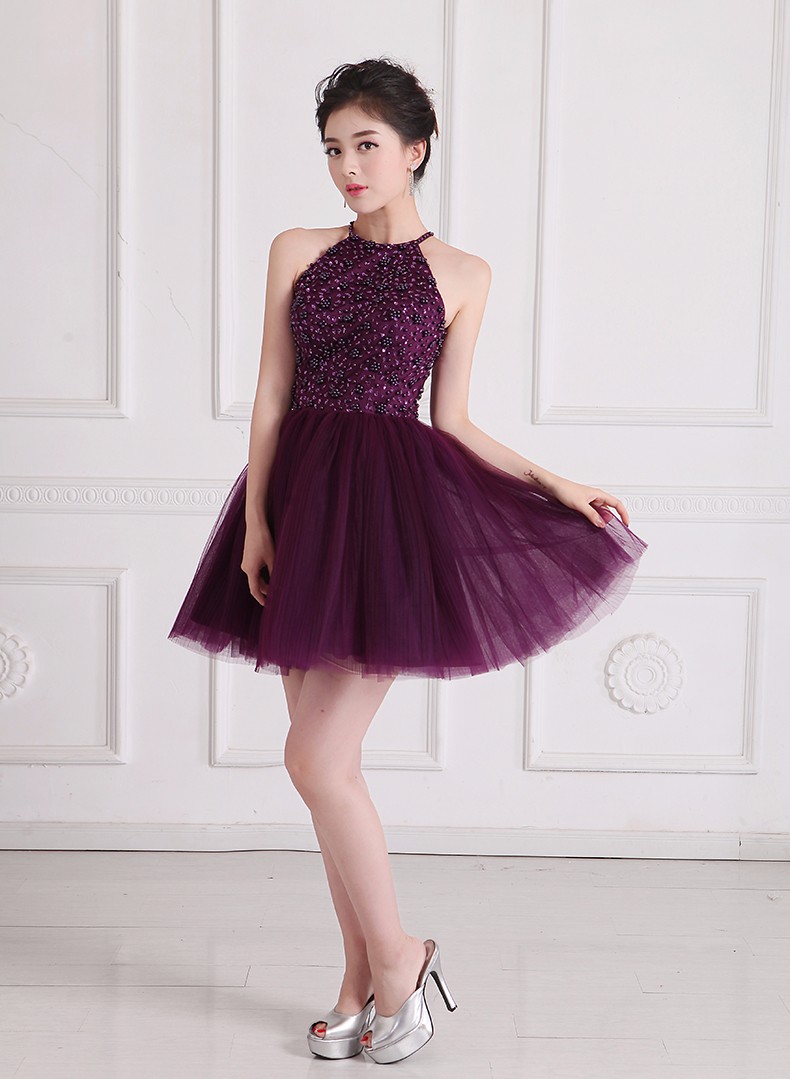 Free Shipping Pretty Halter Purple Keyhole Back Beading Short Prom Dresses Vestido De Festa Girls Party Dress Homecoming Dress