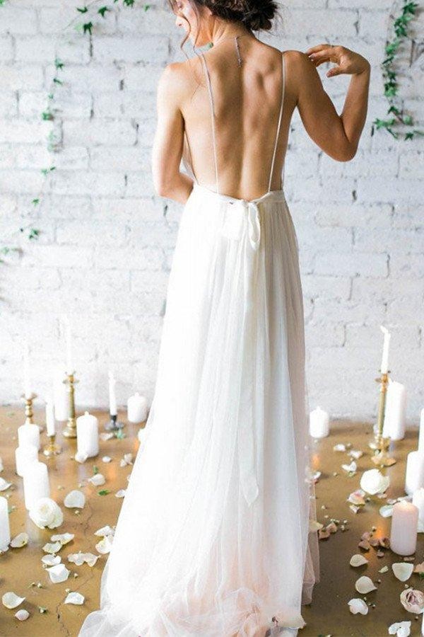 2020 Simple Sexy Plunging V Neck Straps Spaghetti Sheath Chiffon Wedding Dresses Backless Long Cheap Bridal Gowns Summer Beach Wedding Gowns